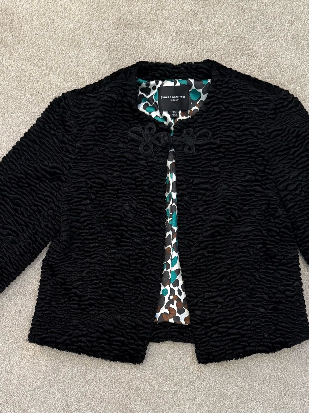 Black Textured Teddy Jacket with Patterned Lining